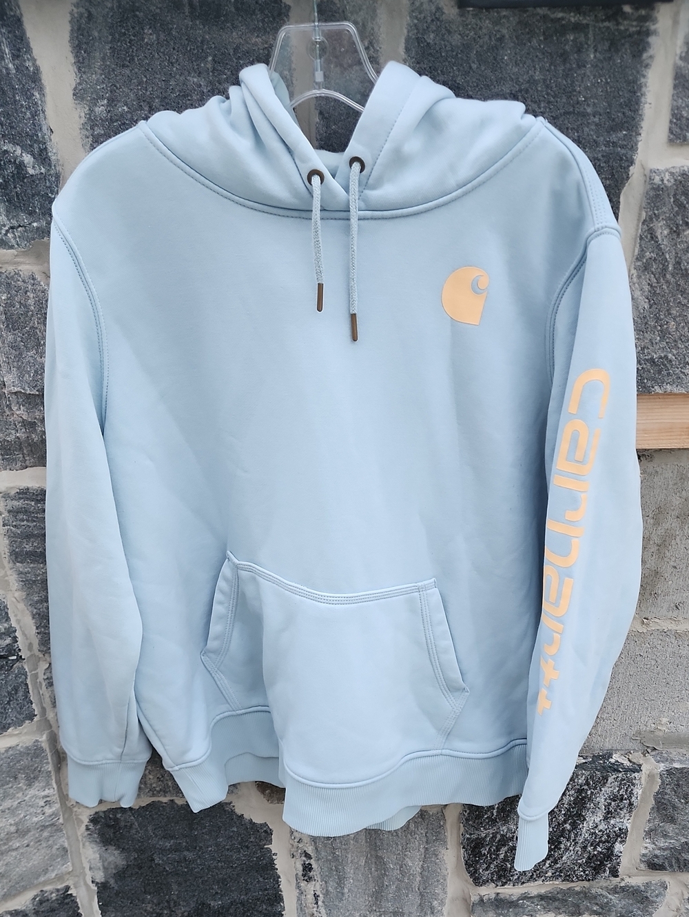 Carhartt Relaxed Fit Light Blue Hoodie with Pale Yellow Logo size XL (16-18)